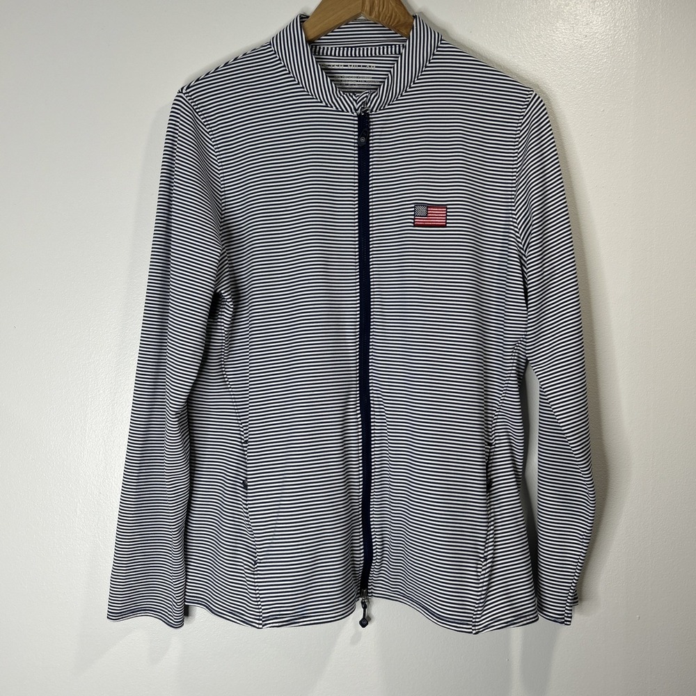 Peter Millar Women Full Zip Golf Jacket  L  Blue White  UPF 50  Embroidered Flag